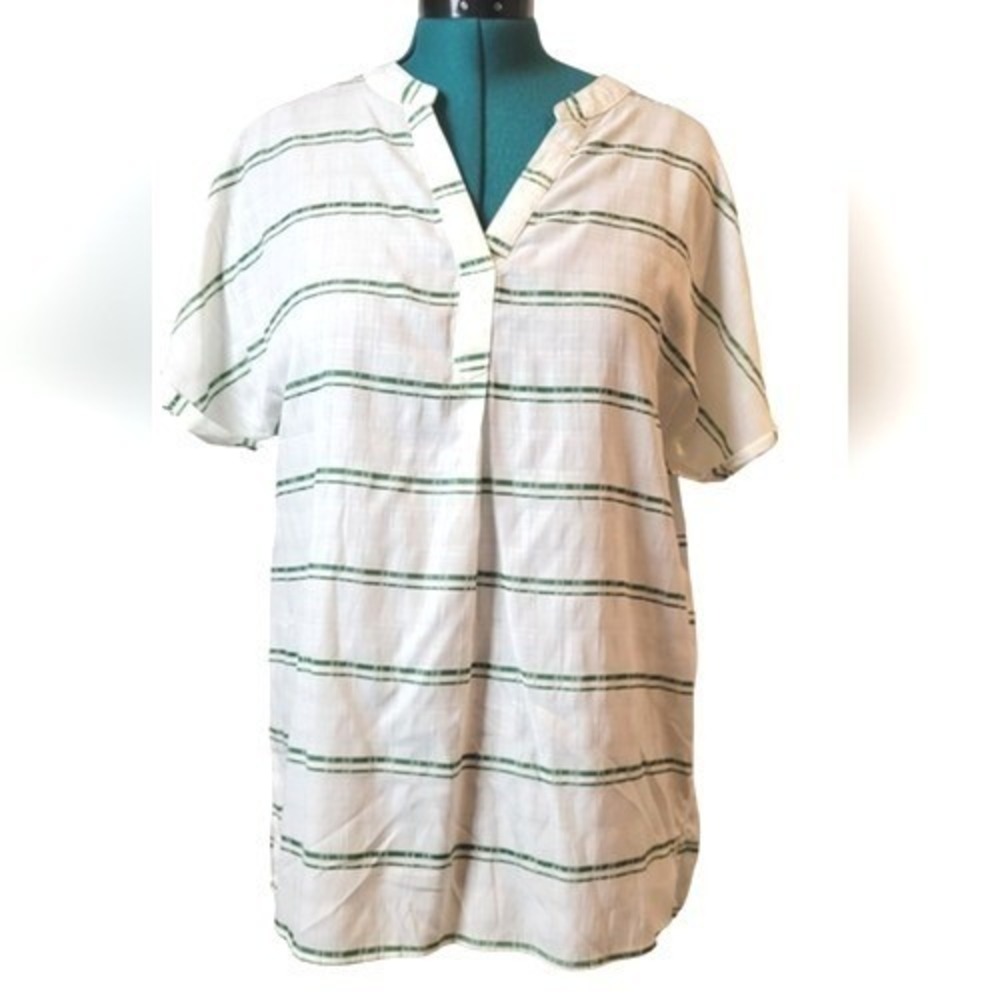 Tunic Top Women XL White Green‎ Striped Cotton Blend Babydoll Boho Coastal Chic